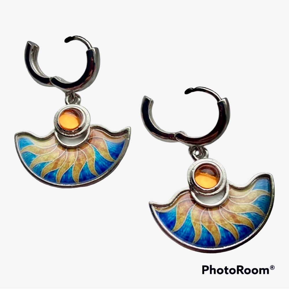 Boho Enamel Style Fan-Shaped Sunflower Pattern Earrings Classic Jewelry New